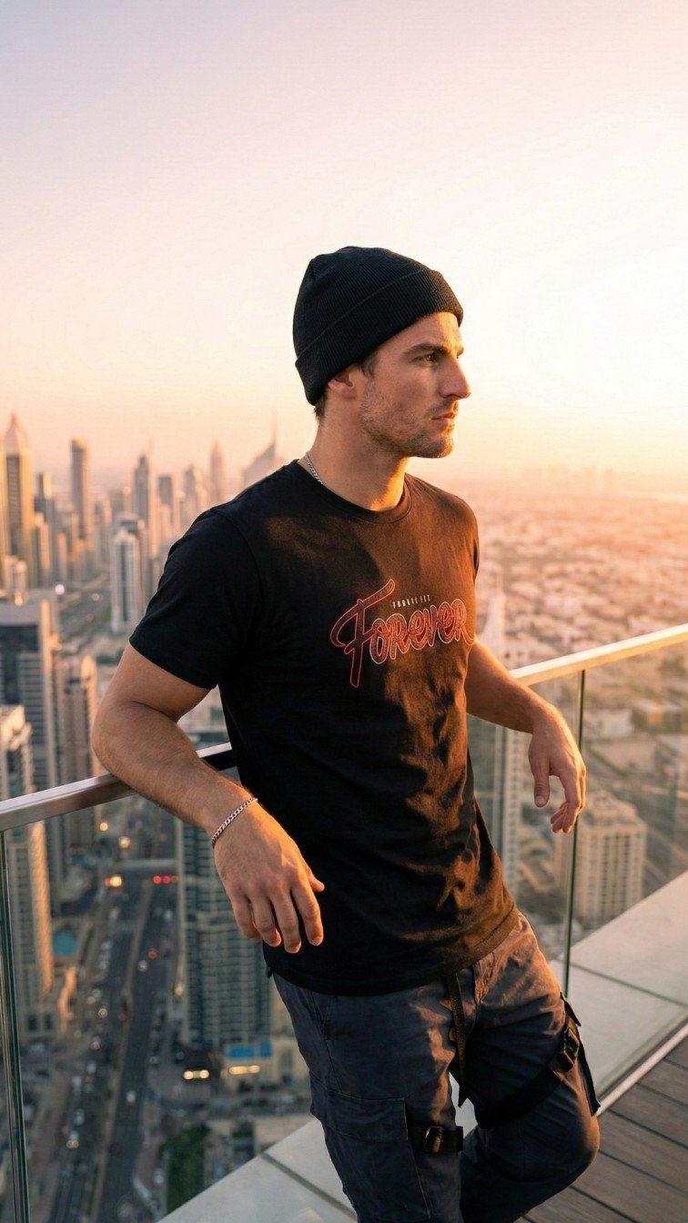 Regular fit black T-shirt for men in 200 GSM cotton worn for casual and streetwear style