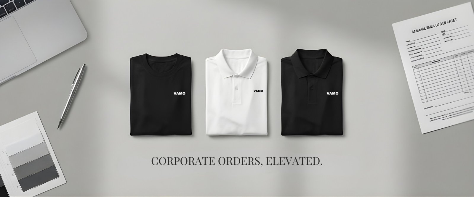 Premium corporate bulk T-shirt order showcase by VAMO Threads featuring heavyweight 240 GSM black and white tees with minimal luxury styling.